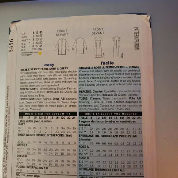 Butterick B5456 Over Shirt & Dress Pattern Misses Sizes 8-10-12 - Picture 4 of 4